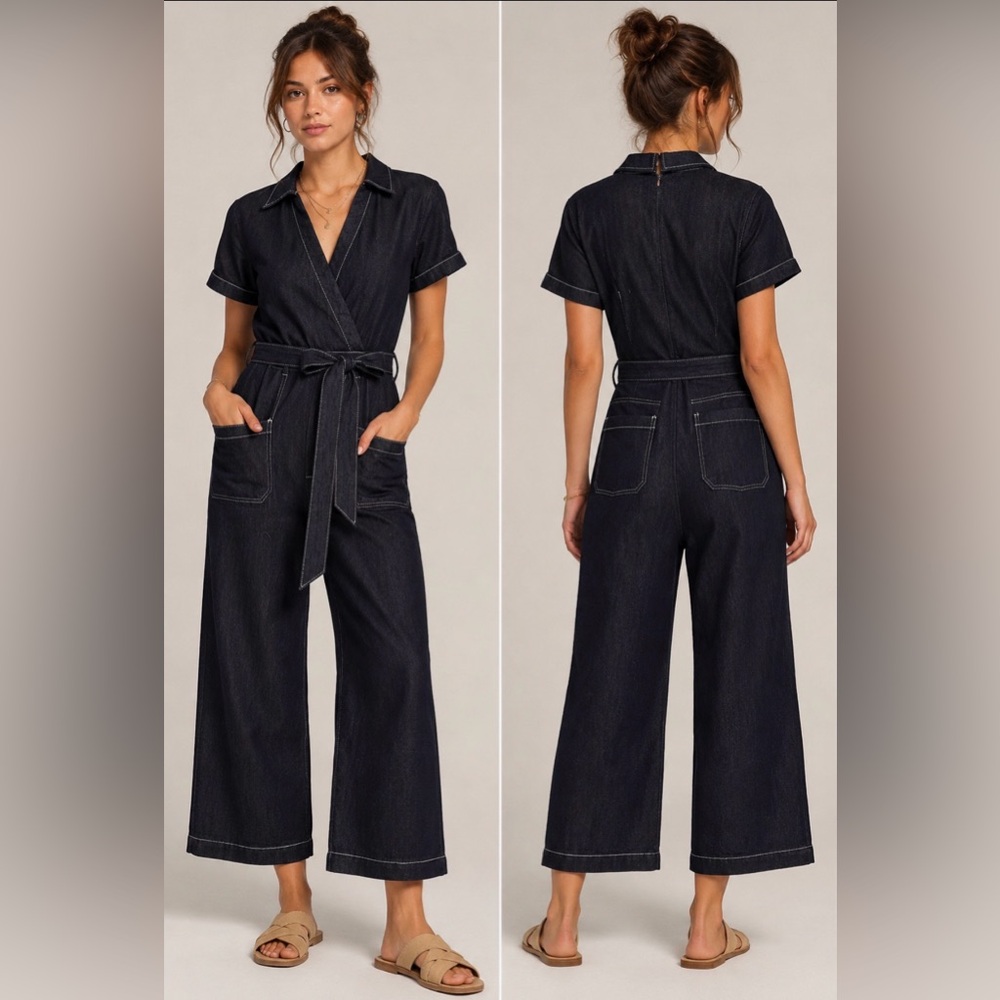 Anthropologie Dark Denim Contrast Stitch Wide Leg Jumpsuit